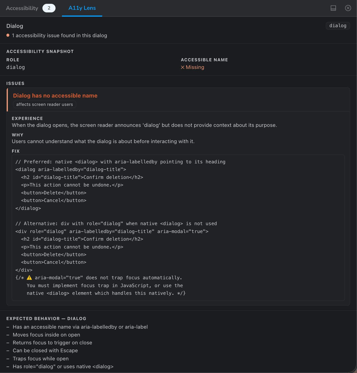 A11y Lens panel showing a dialog accessibility issue